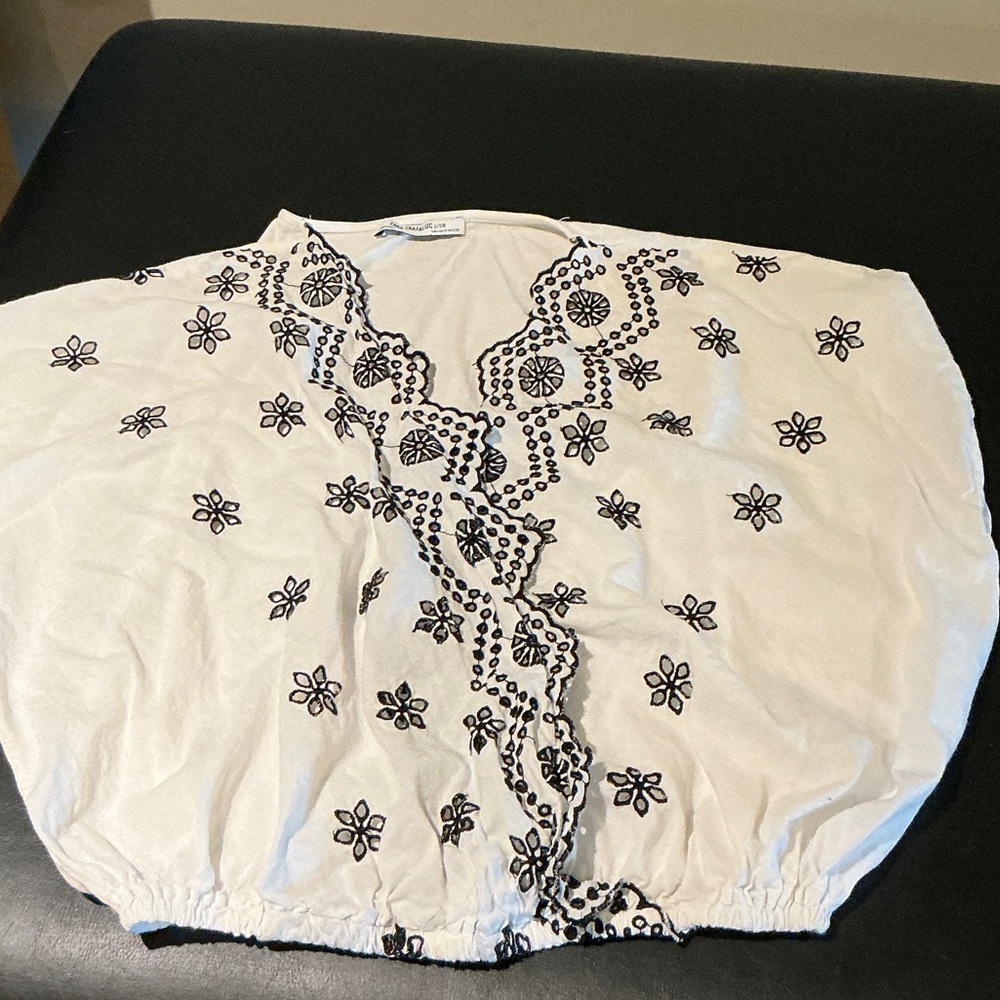 Zara White Blouse with Black Embroidery
